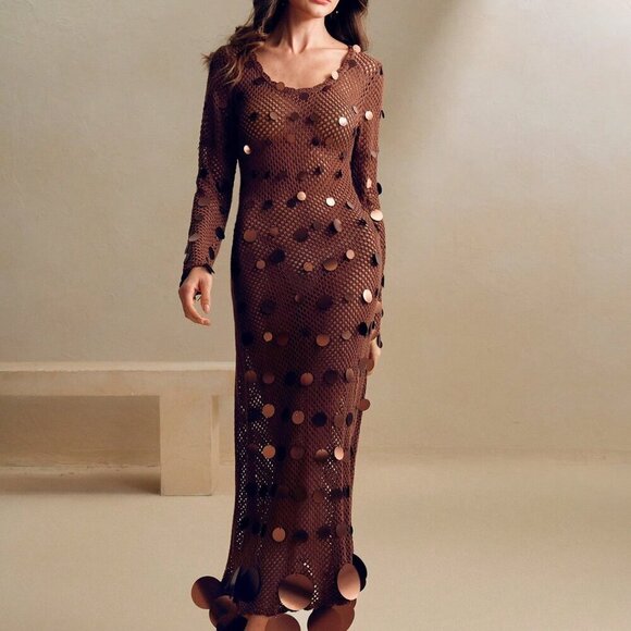 Coffee Brown Elegant Women's Sequined Crochet Long-Sleeve Dress - Picture 5 of 6